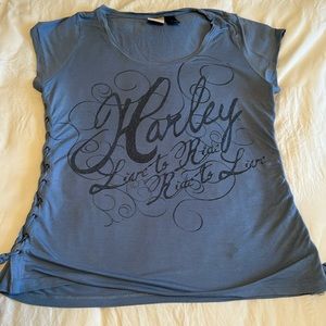 Harley-Davidson Short Sleeve String Gather Sides w eyelets.  Slate Blue Sz XL